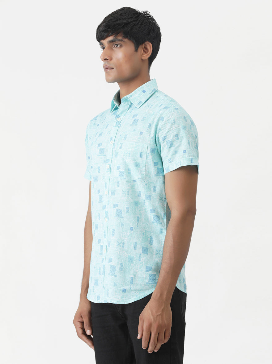 Sky Blue Printed Slim Fit Casual Shirt | Greenfibre