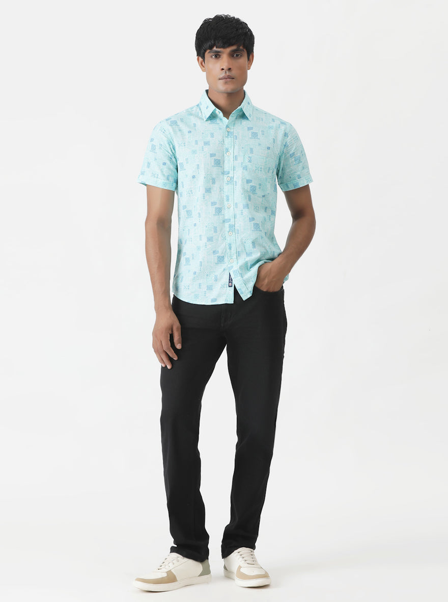 Sky Blue Printed Slim Fit Casual Shirt | Greenfibre