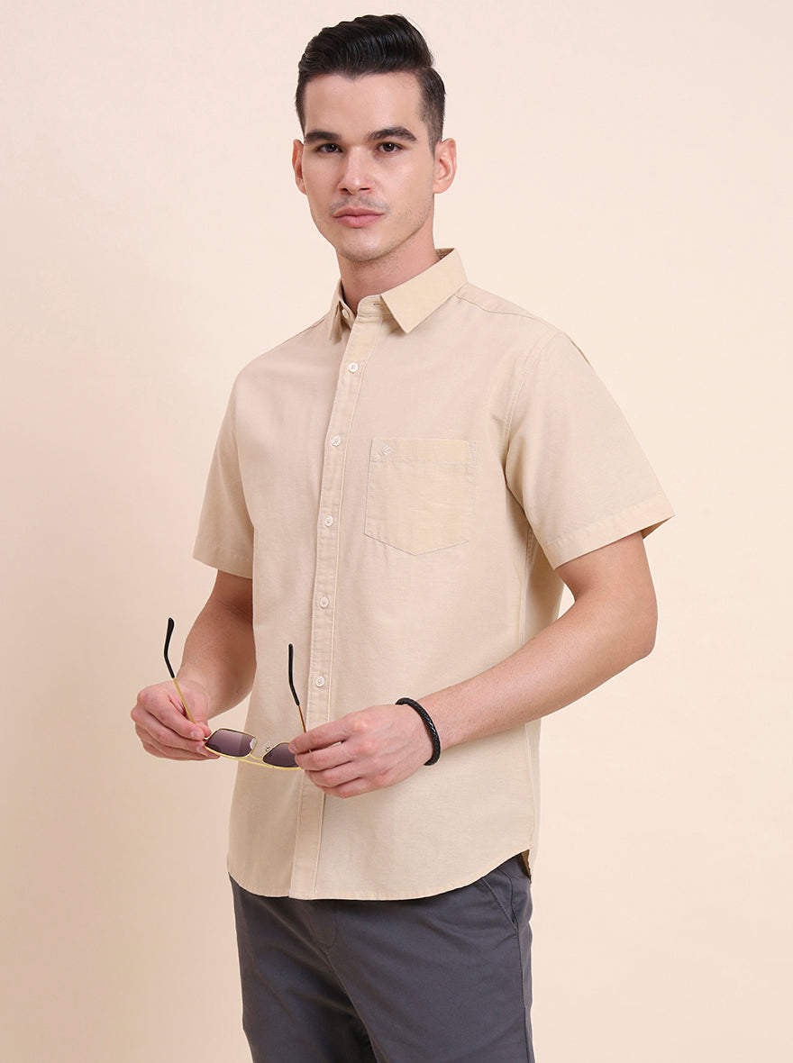 Beige Solid Slim Fit Casual Shirt | Greenfibre