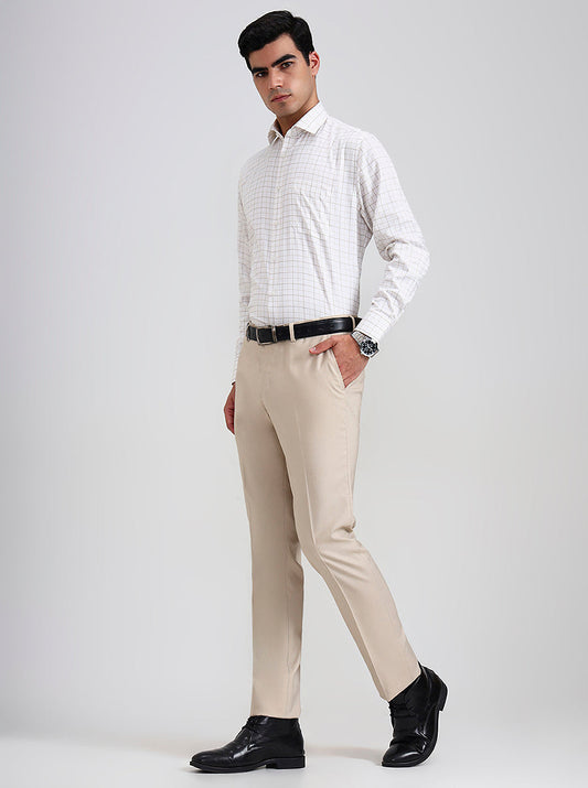 Fawn Checked Slim Fit Formal Trouser | Greenfibre