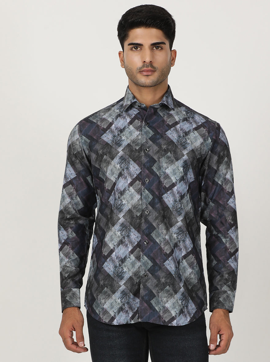 Blue Printed Slim Fit Party Wear Shirt | Greenfibre