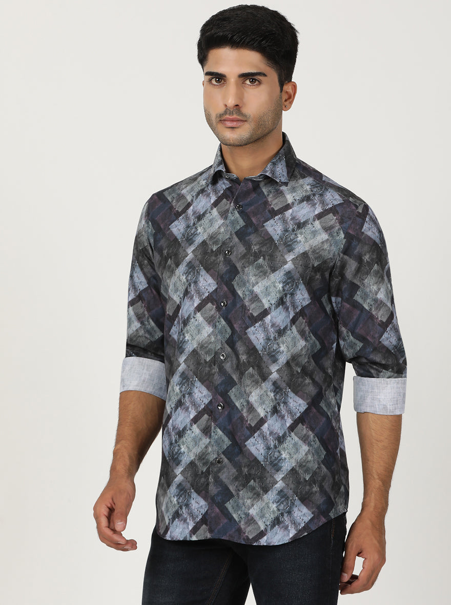 Blue Printed Slim Fit Party Wear Shirt | Greenfibre