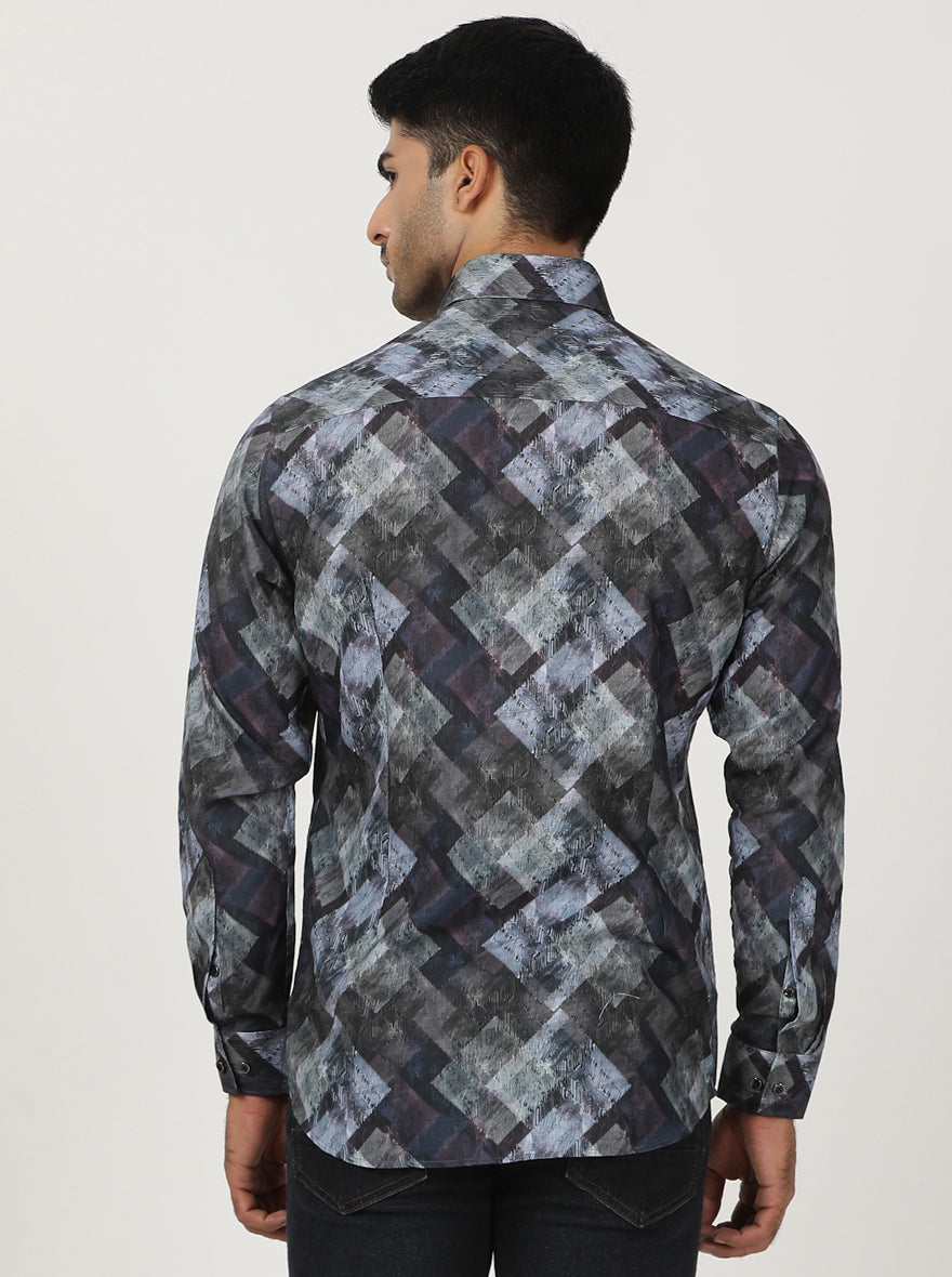 Blue Printed Slim Fit Party Wear Shirt | Greenfibre