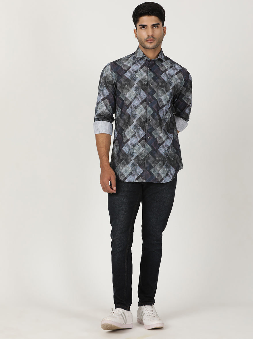 Blue Printed Slim Fit Party Wear Shirt | Greenfibre