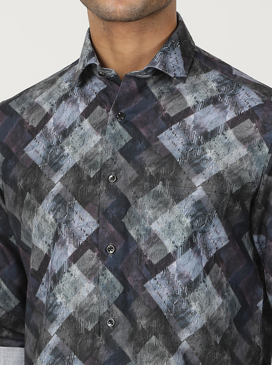 Blue Printed Slim Fit Party Wear Shirt | Greenfibre