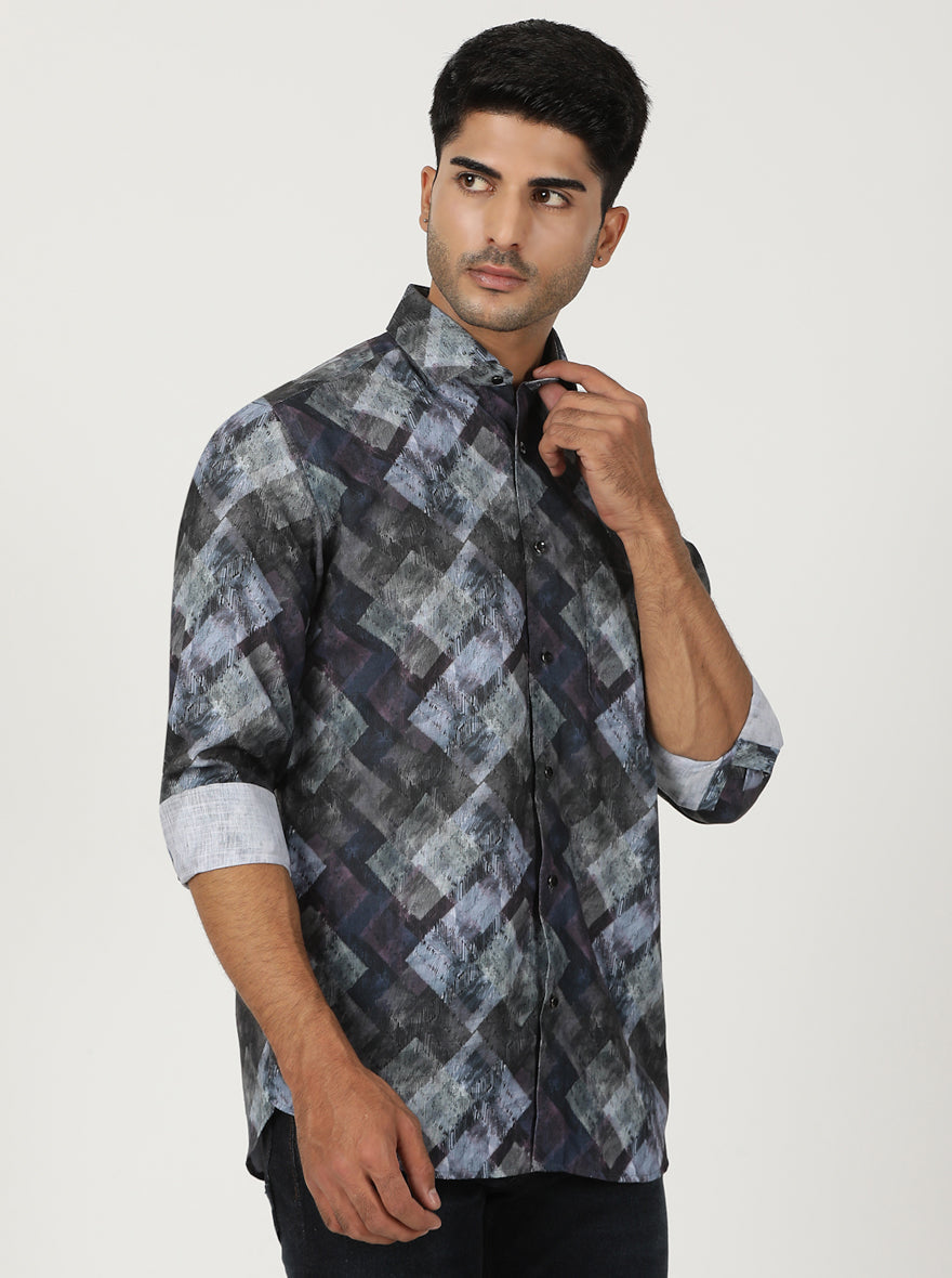 Blue Printed Slim Fit Party Wear Shirt | Greenfibre