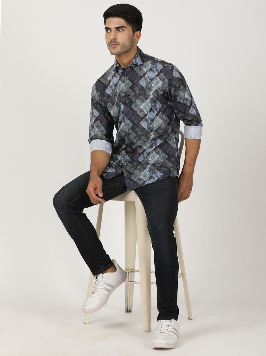 Blue Printed Slim Fit Party Wear Shirt | Greenfibre