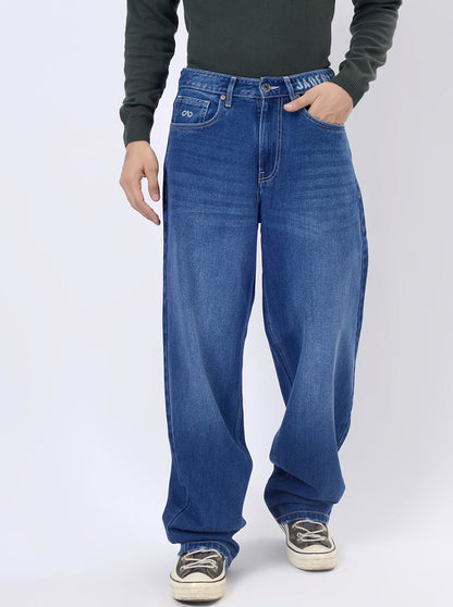 Mid Blue Washed Relax Fit Baggy Denim | JadeBlue