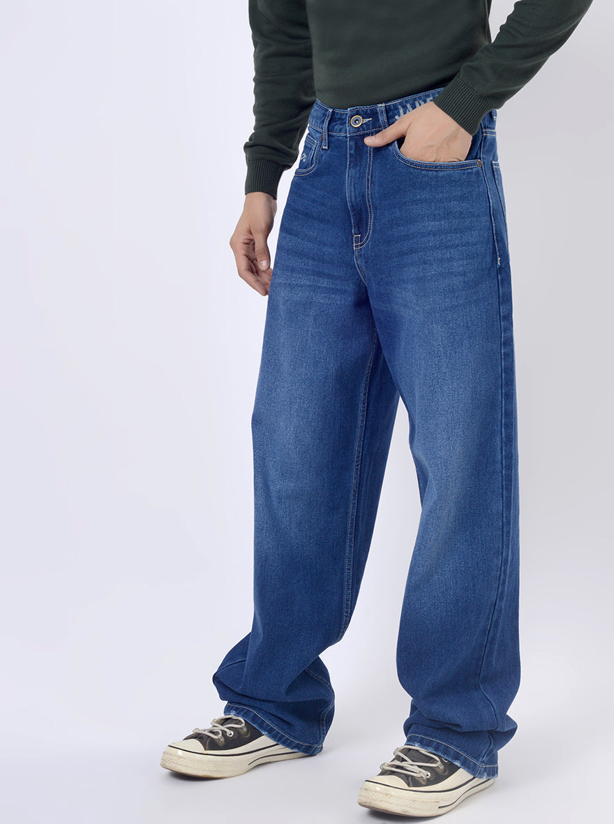 Mid Blue Washed Relax Fit Baggy Denim | JadeBlue