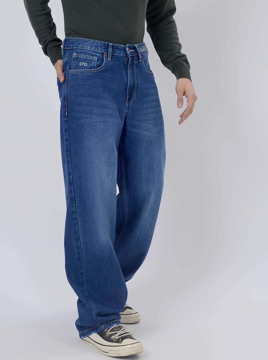 Mid Blue Washed Relax Fit Baggy Denim | JadeBlue