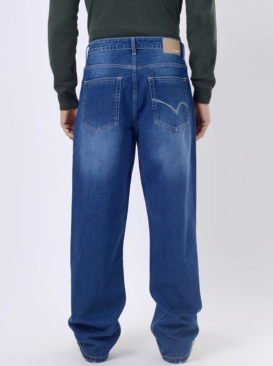 Mid Blue Washed Relax Fit Baggy Denim | JadeBlue