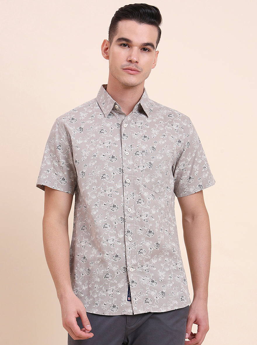 Grey Printed Slim Fit Casual Shirt | Greenfibre