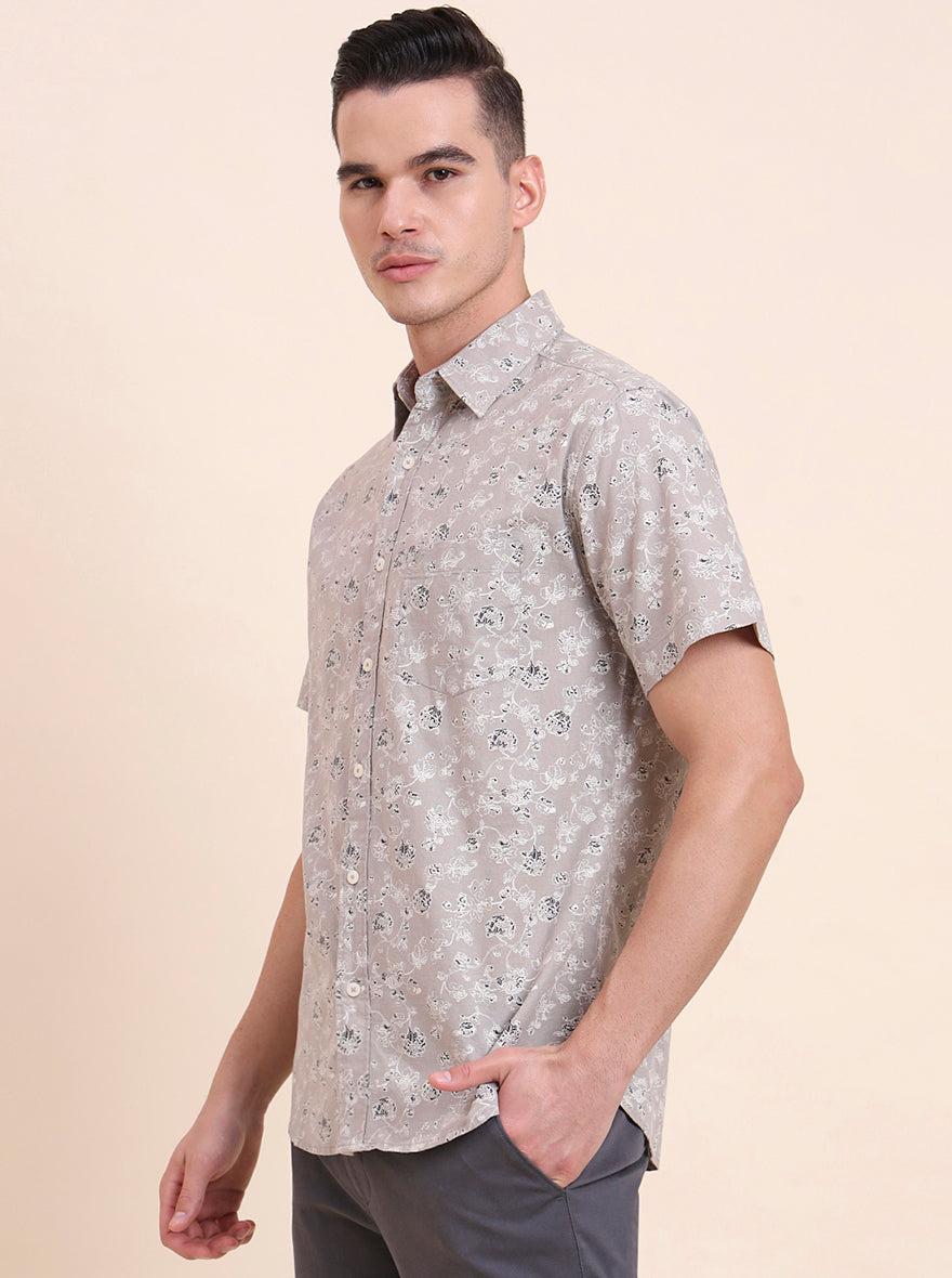 Grey Printed Slim Fit Casual Shirt | Greenfibre