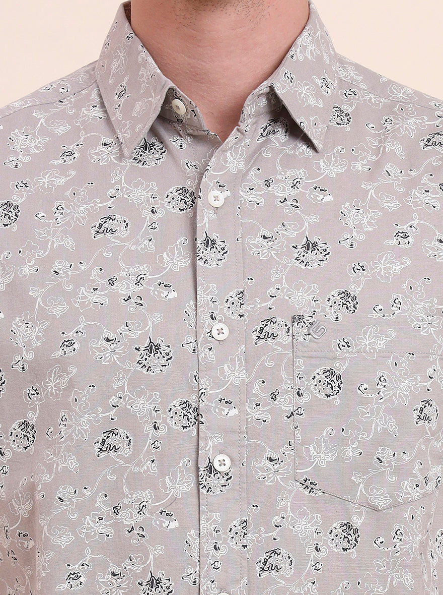 Grey Printed Slim Fit Casual Shirt | Greenfibre
