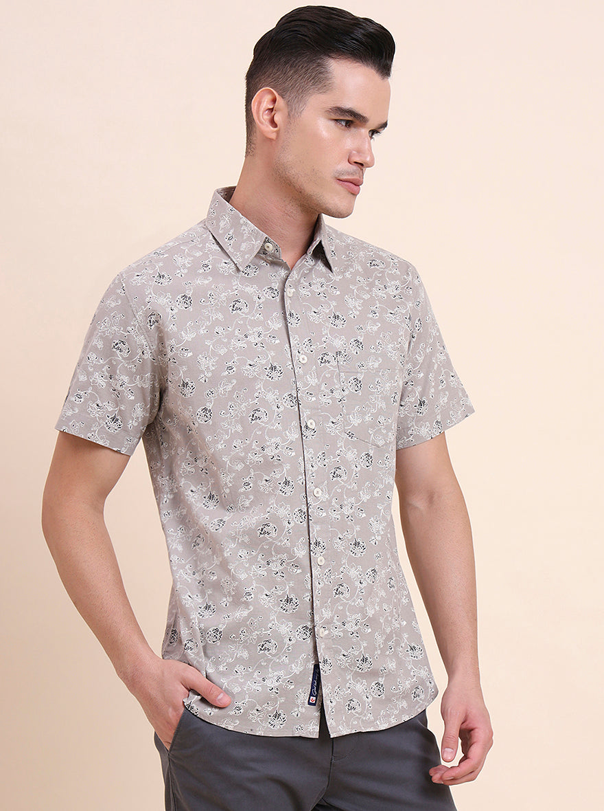 Grey Printed Slim Fit Casual Shirt | Greenfibre
