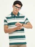 White & Bottle Green Striped Slim Fit Polo T-Shirt | Greenfibre