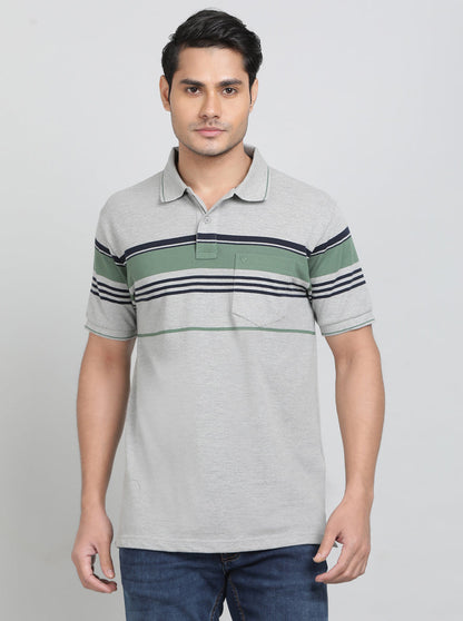 Grey Striped REGULAR FIT Polo T-Shirt | Greenfibre