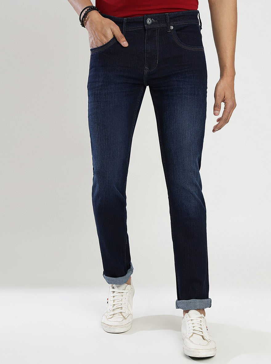 Navy Blue Washed Narrow Fit Jeans | Greenfibre