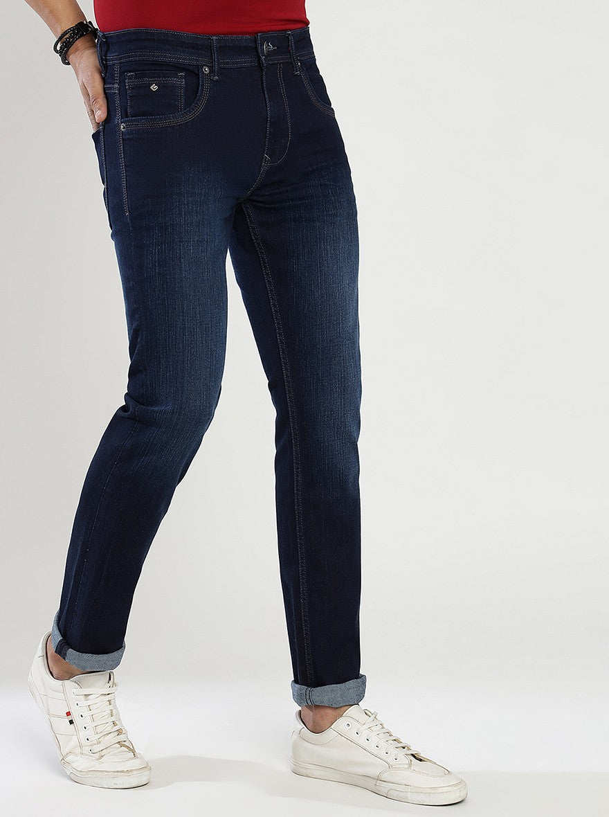 Navy Blue Washed Narrow Fit Jeans | Greenfibre