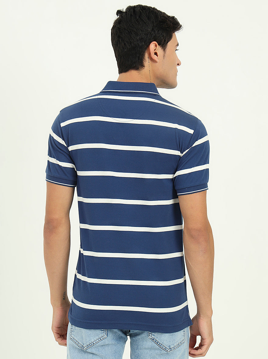 Navy Blue & White Striped Slim Fit Polo T-Shirt | Greenfibre