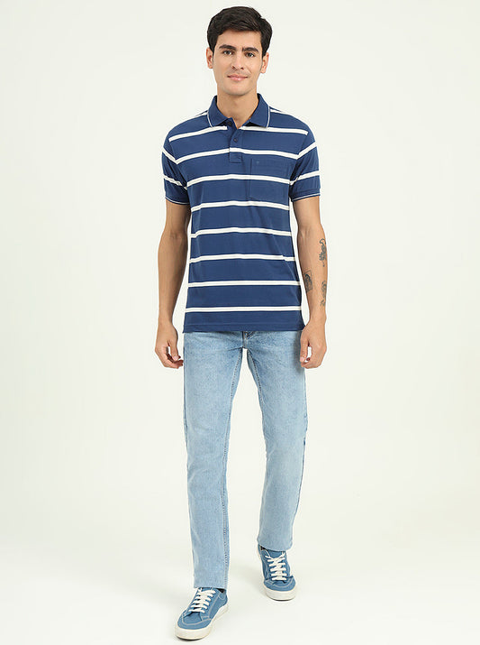 Navy Blue & White Striped Slim Fit Polo T-Shirt | Greenfibre