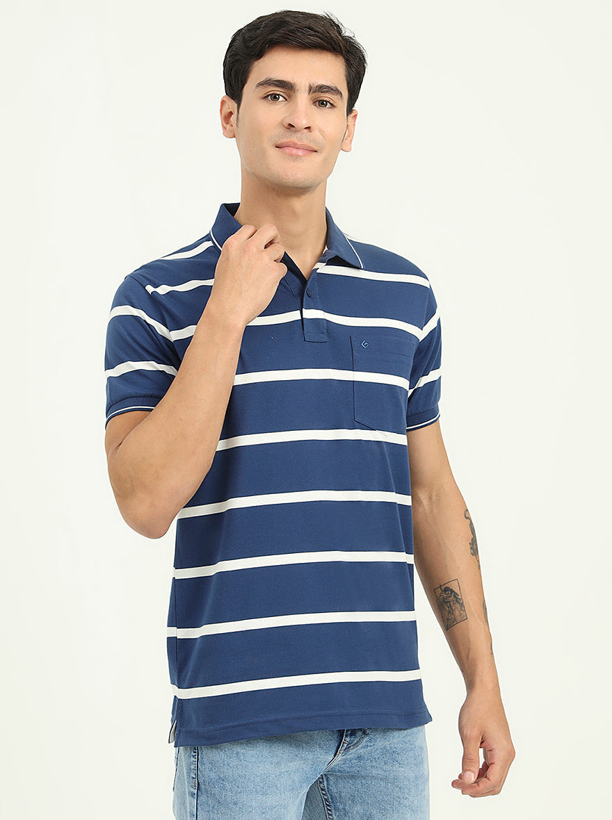 Navy Blue & White Striped Slim Fit Polo T-Shirt | Greenfibre