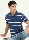 Navy Blue & White Striped Slim Fit Polo T-Shirt | Greenfibre