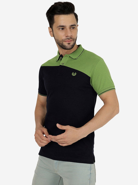 Green & Navy Blue Solid Slim Fit Polo T-Shirt | Greenfibre