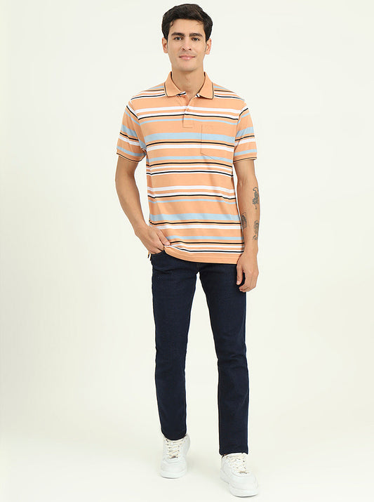 Orange & Stone Blue Striped Slim Fit Polo T-Shirt | Greenfibre