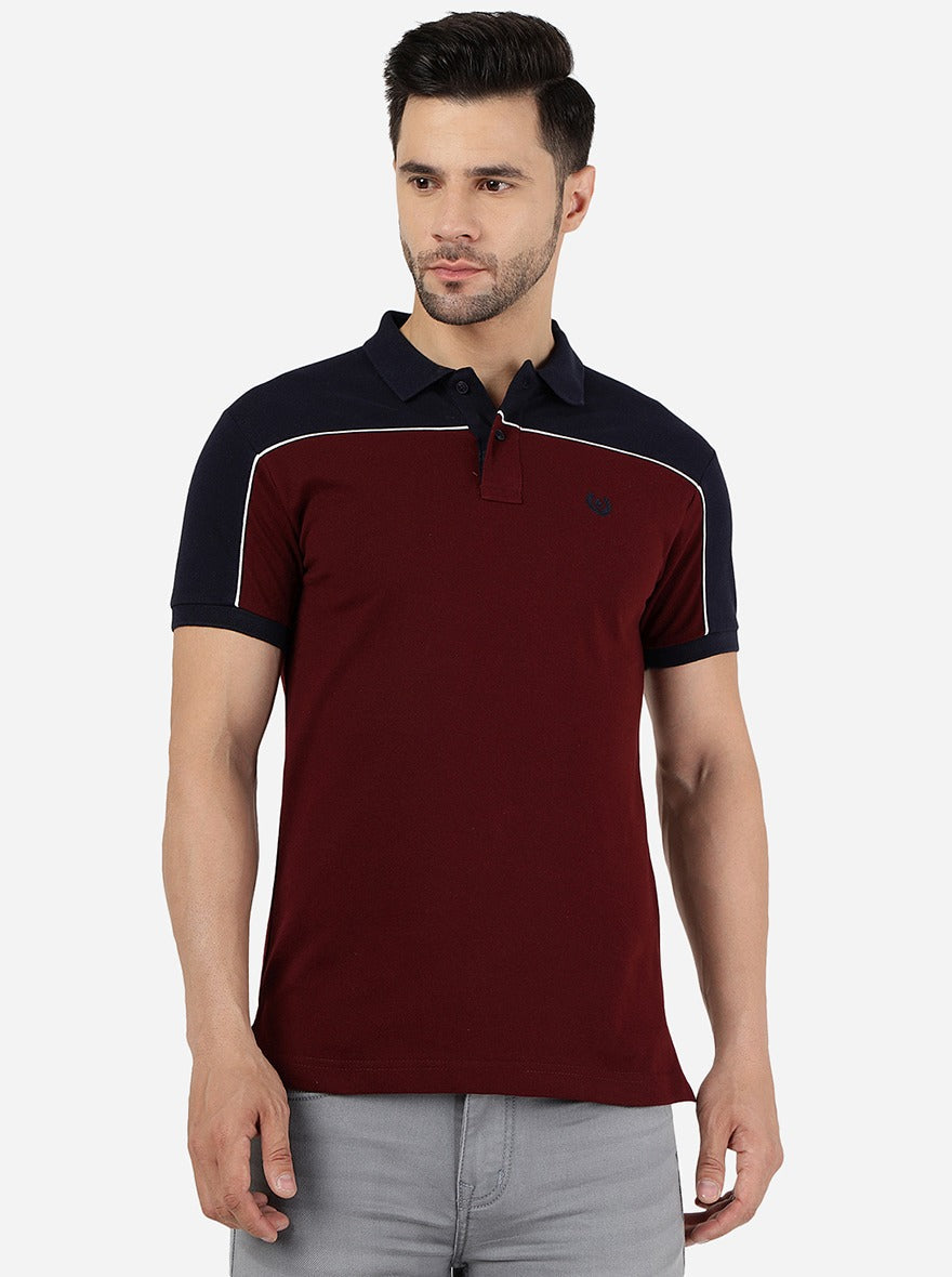 Maroon & Navy Blue Striped Slim Fit Polo T-Shirt | Greenfibre