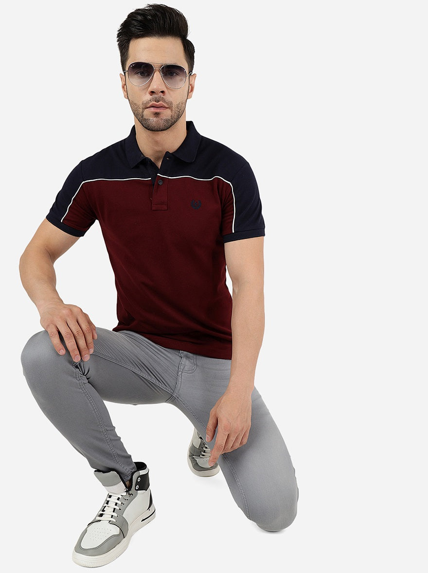 Maroon & Navy Blue Striped Slim Fit Polo T-Shirt | Greenfibre