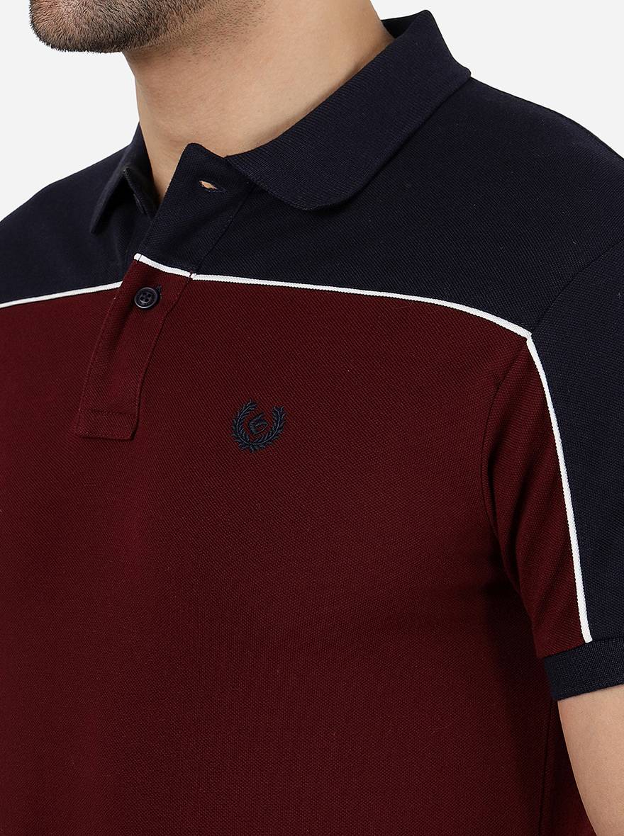 Maroon & Navy Blue Striped Slim Fit Polo T-Shirt | Greenfibre