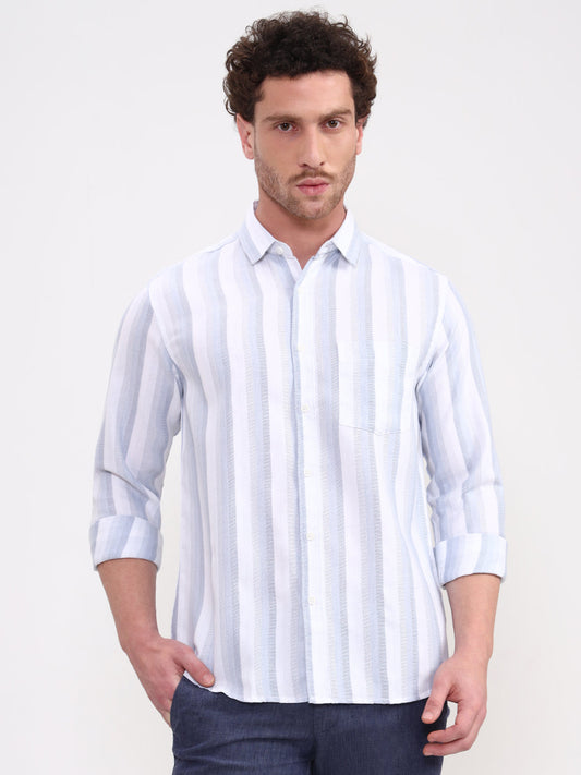 Blue & White Striped Slim Fit Casual Shirt | Greenfibre