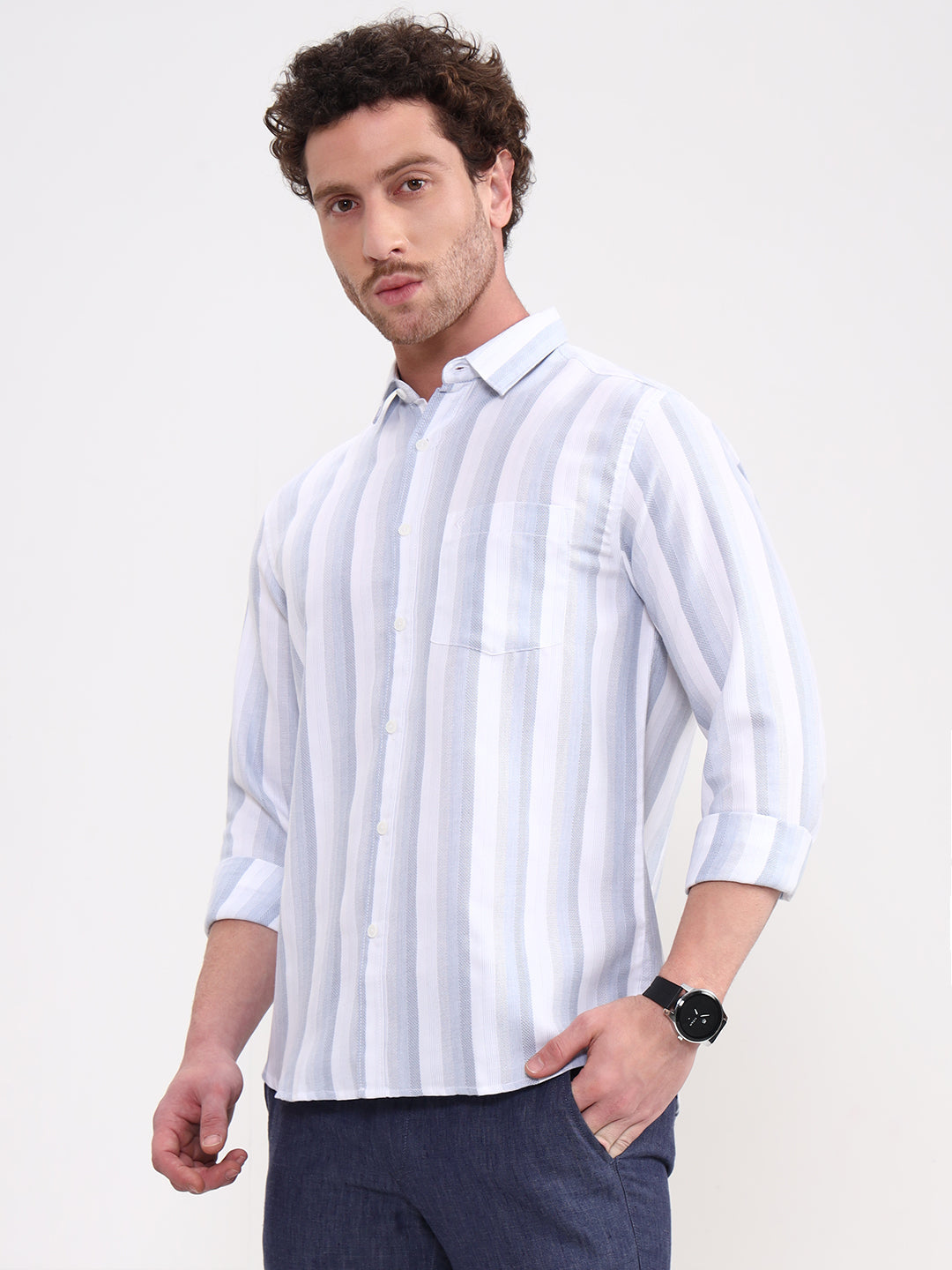Blue & White Striped Slim Fit Casual Shirt | Greenfibre