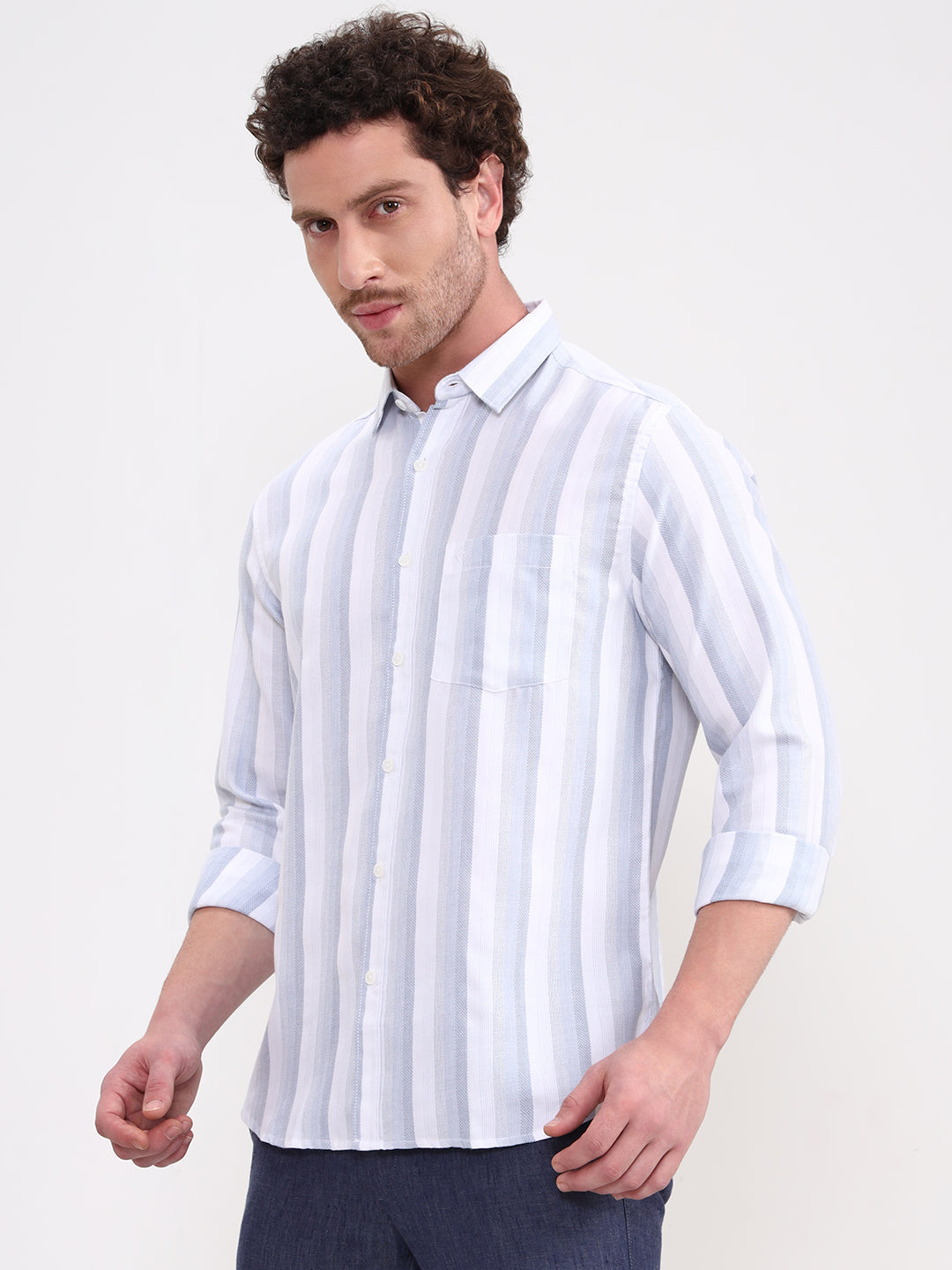 Blue & White Striped Slim Fit Casual Shirt | Greenfibre