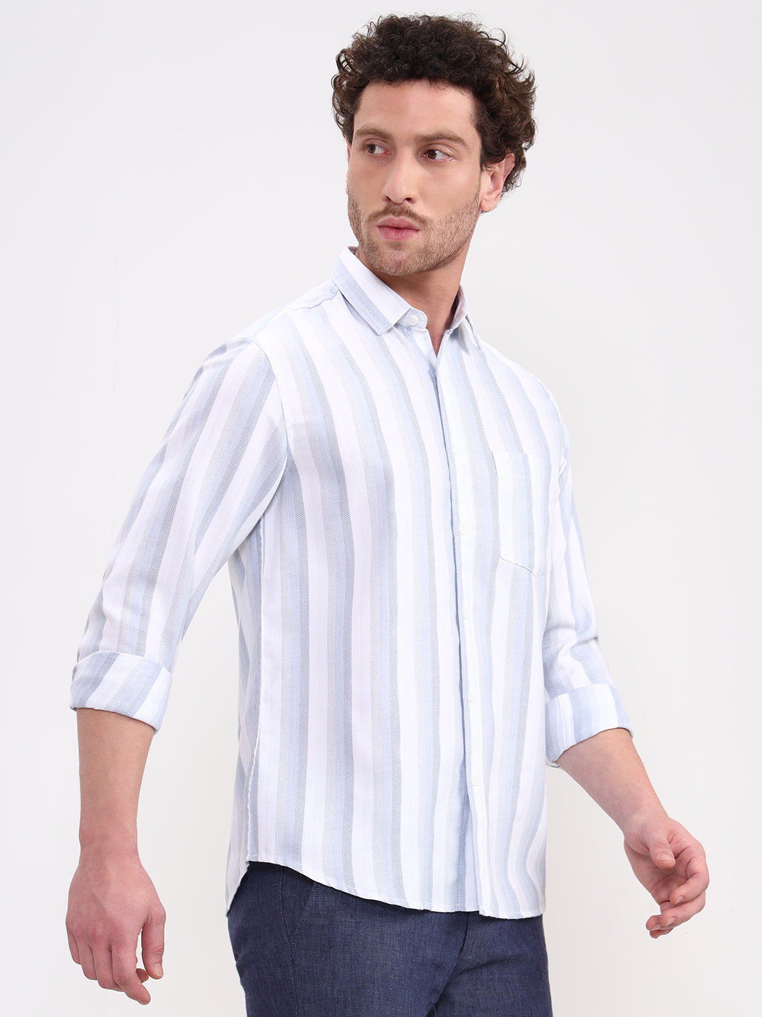 Blue & White Striped Slim Fit Casual Shirt | Greenfibre
