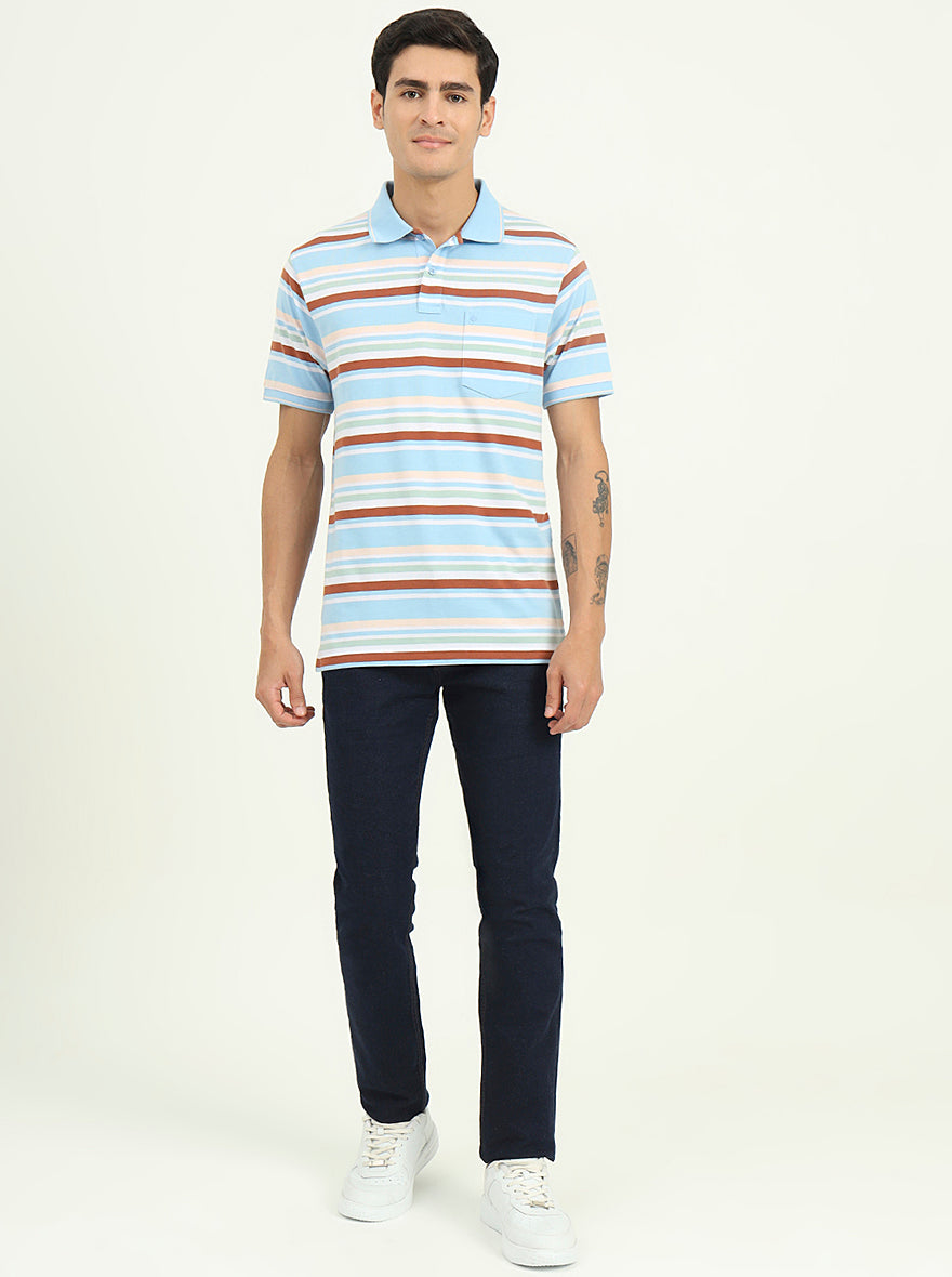 Sky Blue & Brown Striped Slim Fit Polo T-Shirt | Greenfibre