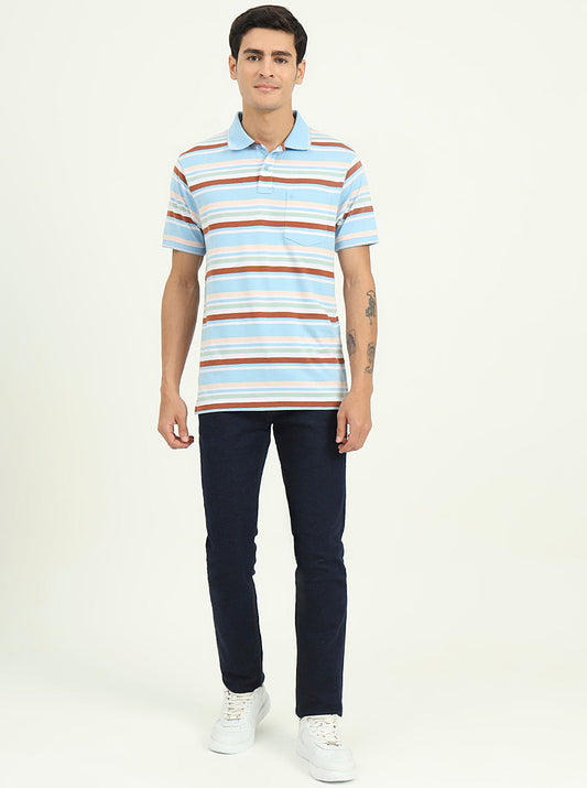 Sky Blue & Brown Striped Slim Fit Polo T-Shirt | Greenfibre