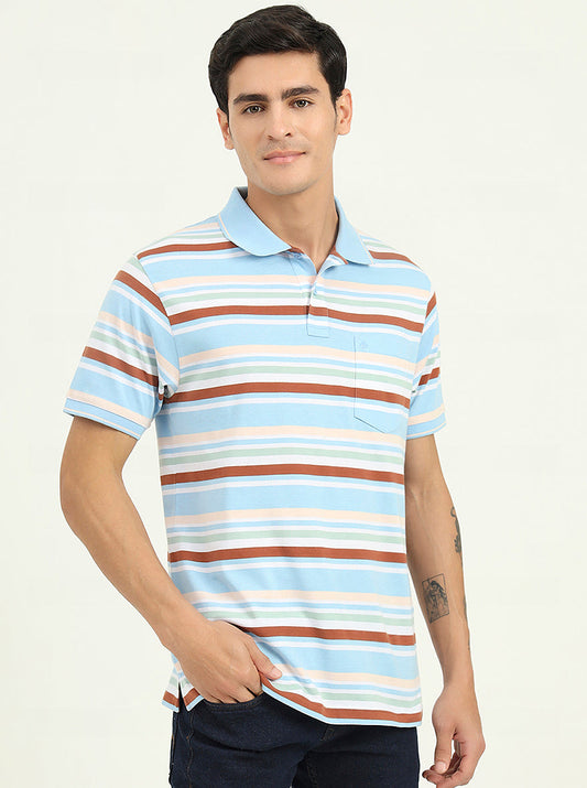 Sky Blue & Brown Striped Slim Fit Polo T-Shirt | Greenfibre