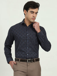 Dark Blue & Olive Checked Regular Fit Formal Shirt | Greenfire