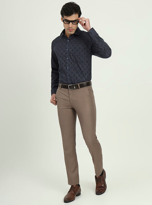 Dark Blue & Olive Checked Regular Fit Formal Shirt | Greenfire