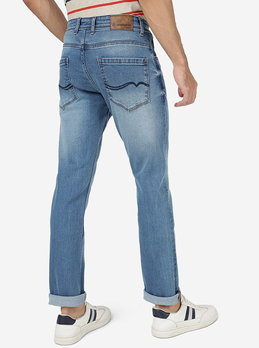 Mid Blue Solid Straight Fit Jeans | Greenfibre