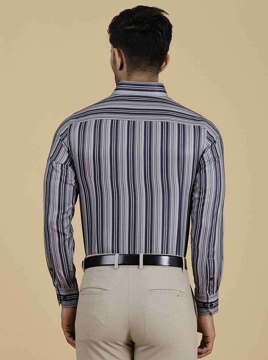 Navy Blue Striped Slim Fit Formal Shirt | Greenfibre