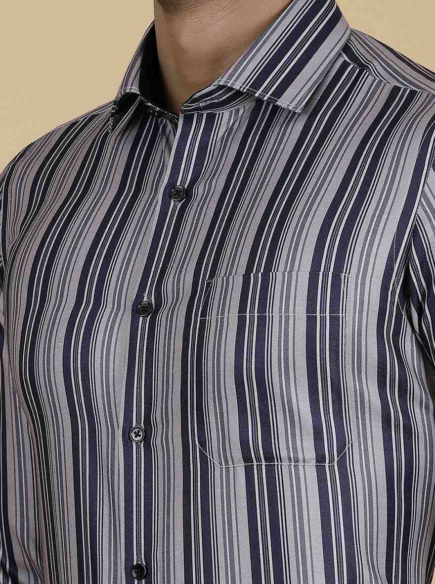 Navy Blue Striped Slim Fit Formal Shirt | Greenfibre