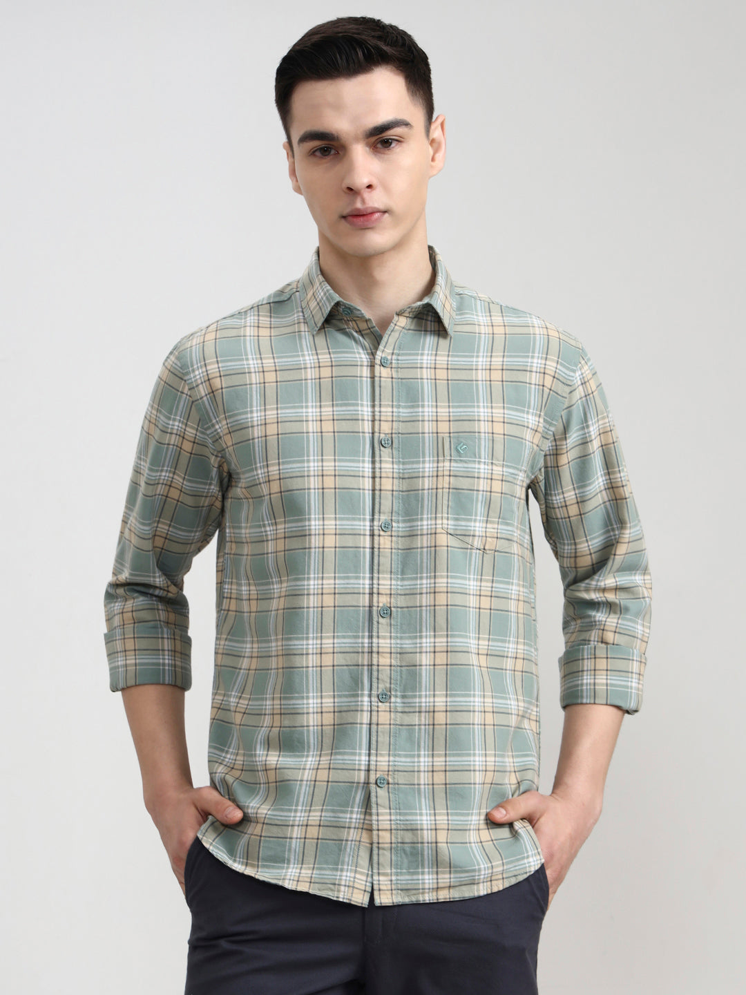 Light Green Checked Slim Fit Casual Shirt | Greenfibre
