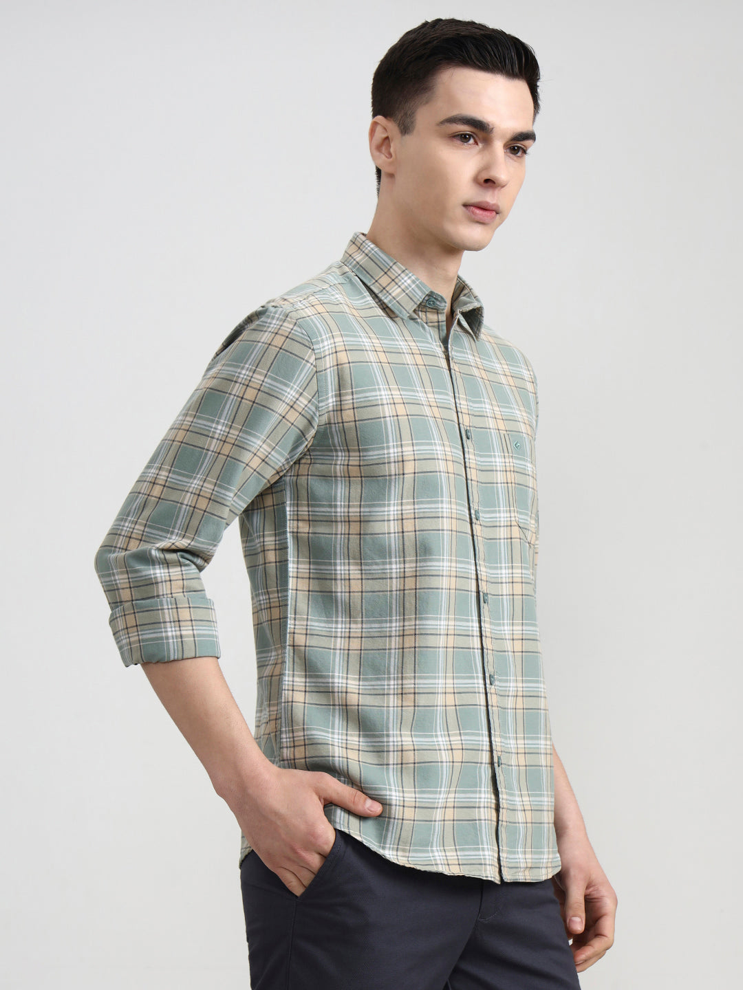 Light Green Checked Slim Fit Casual Shirt | Greenfibre