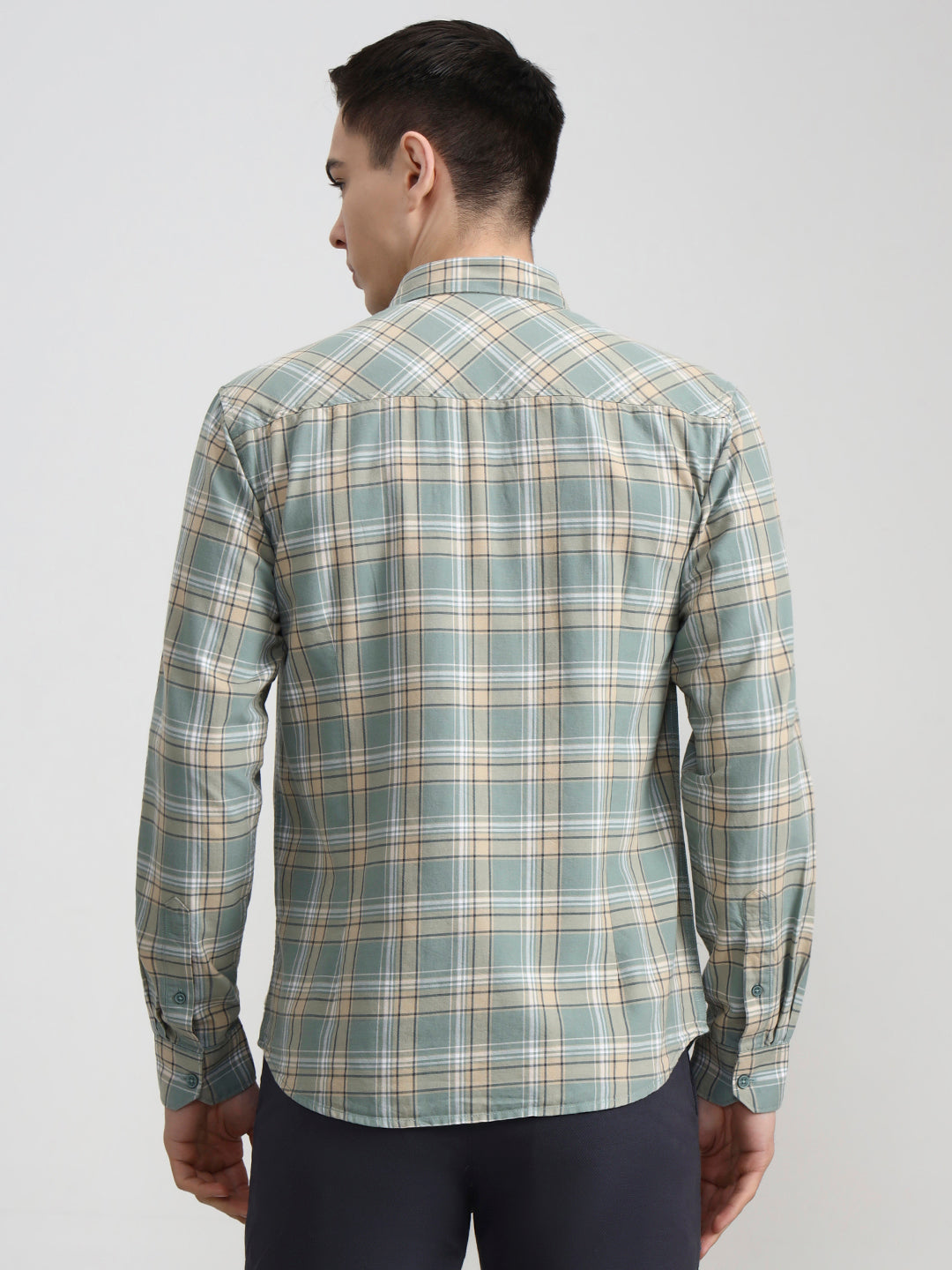 Light Green Checked Slim Fit Casual Shirt | Greenfibre
