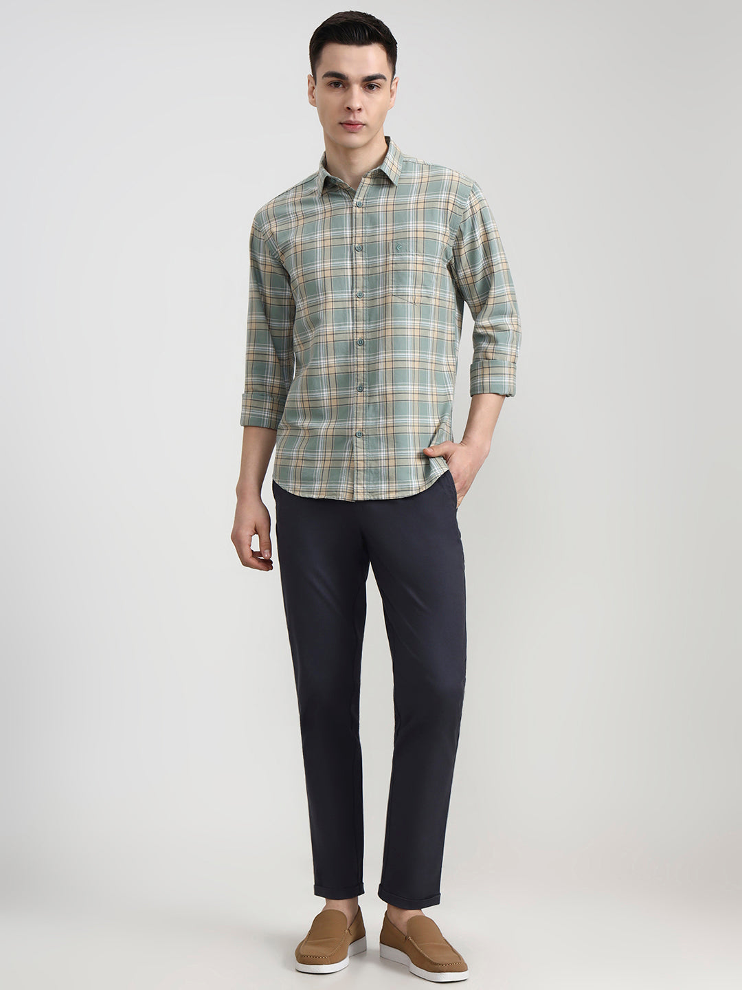 Light Green Checked Slim Fit Casual Shirt | Greenfibre