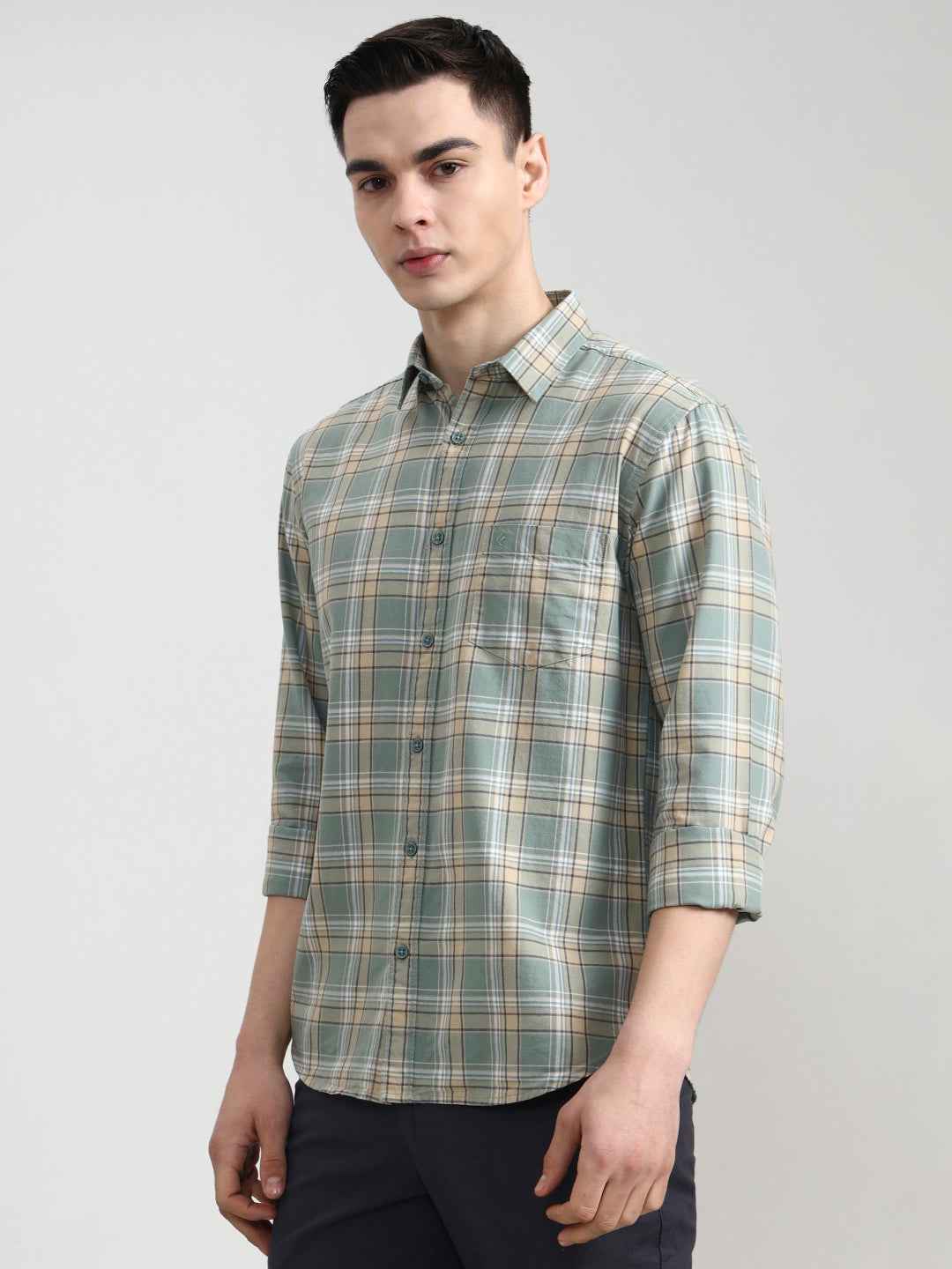 Light Green Checked Slim Fit Casual Shirt | Greenfibre