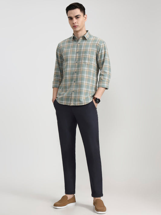 Light Green Checked Slim Fit Casual Shirt | Greenfibre